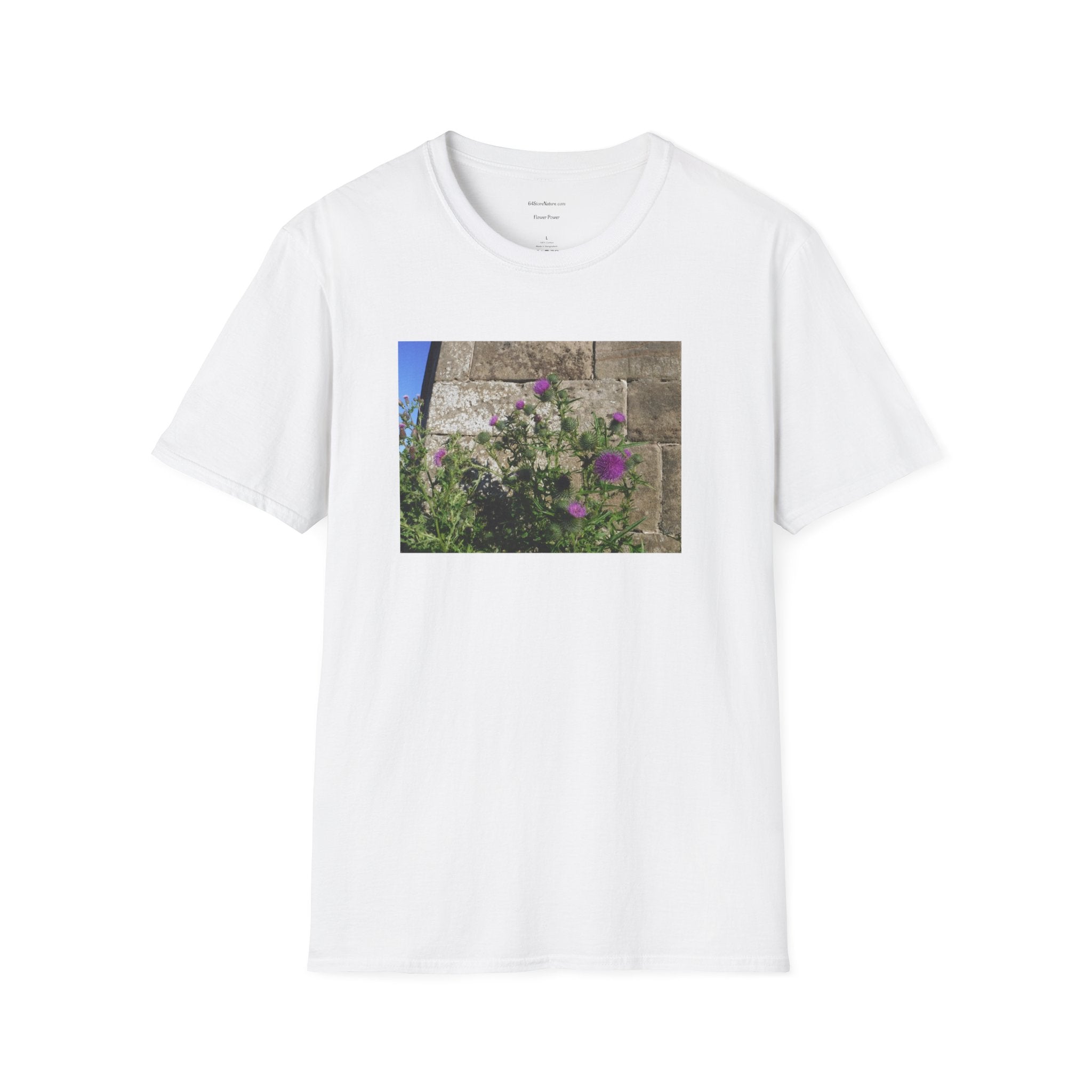 Thistle Wall Photo Tee — Vintage Stone & Purple Flowers T-Shirt