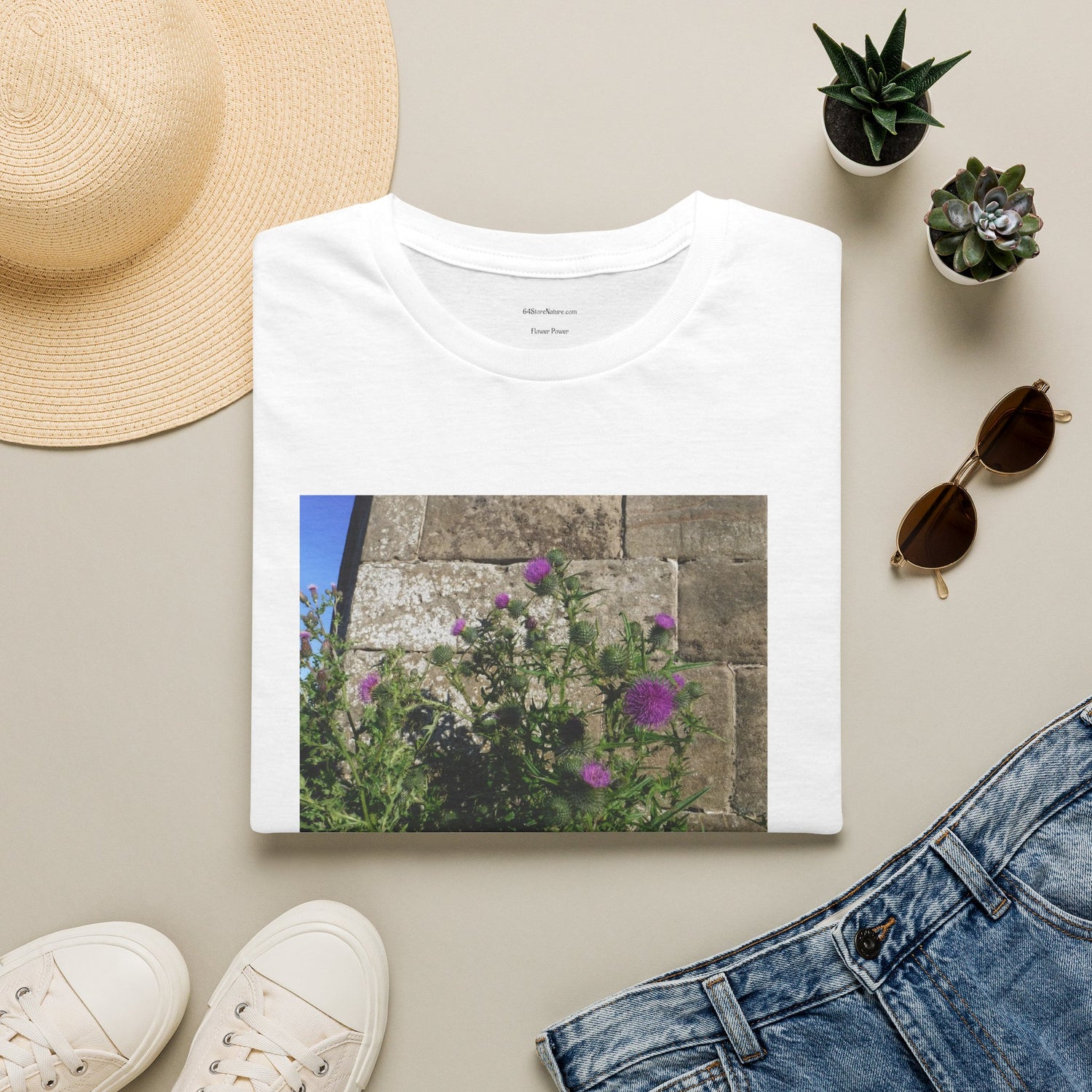 Thistle Wall Photo Tee — Vintage Stone &amp; Purple Flowers T-Shirt
