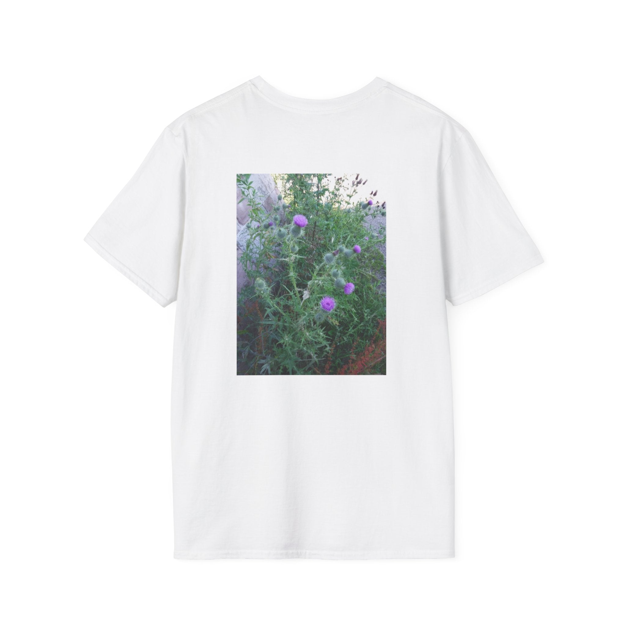 Thistle Wall Photo Tee — Vintage Stone &amp; Purple Flowers T-Shirt