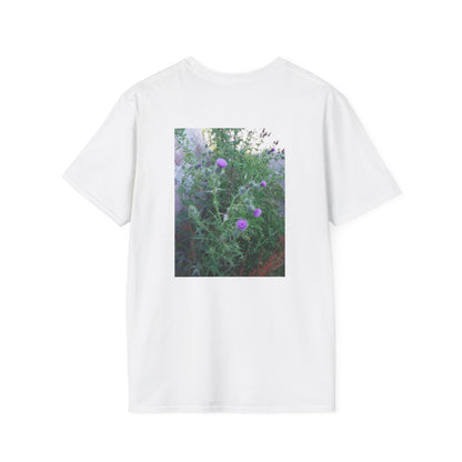Thistle Wall Photo Tee — Vintage Stone &amp; Purple Flowers T-Shirt