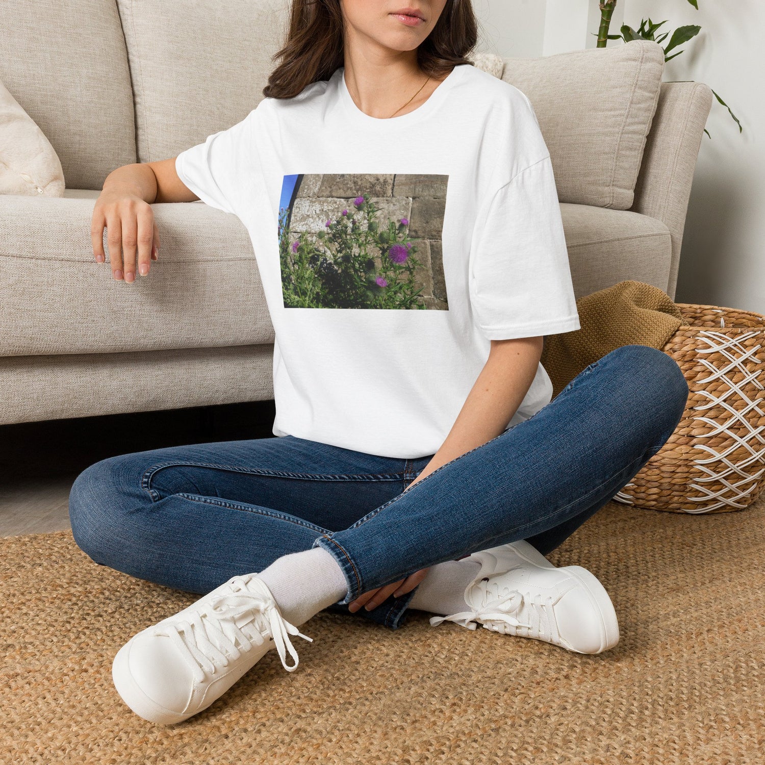 Thistle Wall Photo Tee — Vintage Stone &amp; Purple Flowers T-Shirt